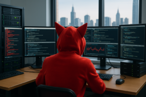 Person in a red hoodie with fox-like ears sits at multiple monitors showing code and network graphs, symbolizing DNS data exfiltration risks.