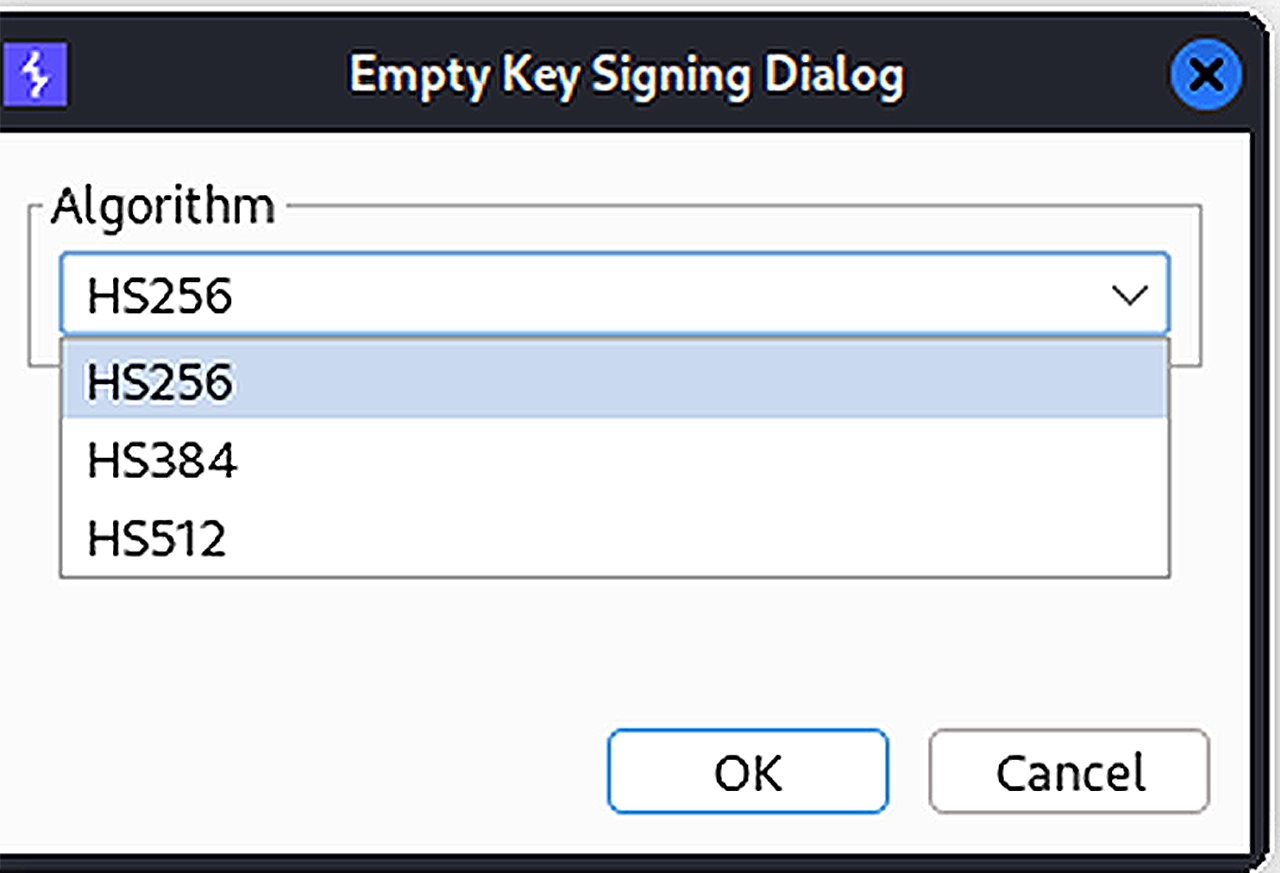 Jwts Empty key signing dialog