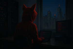 Red fox hacker in hoodie installing certificates on Android using laptop and monitor