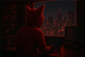 Hacker fox in hoodie coding on multiple monitors with red code