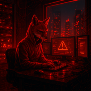 Fox-hooded figure at a keyboard in a red-lit server room, multiple monitors showing warnings and code — representing adaptive red team tactics.