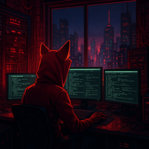 Red fox hacker in a hoodie using multiple monitors with code