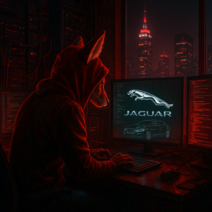 Red fox hacker in a hoodie targeting Jaguar system on computer
