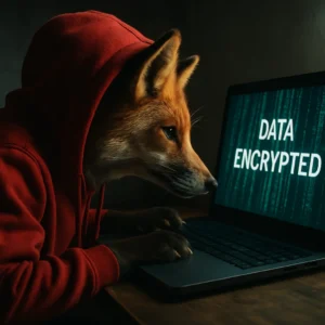 Fox in a red hoodie using a laptop showing 'DATA ENCRYPTED' text, symbolizing cryptography’s role in cybersecurity.