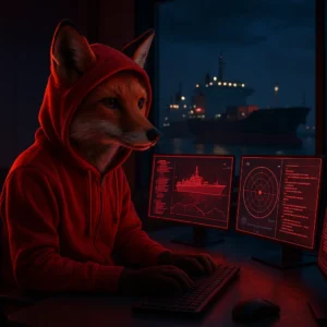 Fox in a red hoodie monitoring maritime radar screens at night, symbolizing cybersecurity threats targeting global shipping and maritime operations.