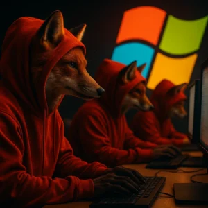 Fox in a red hoodie working at a laptop with Windows logo, surrounded by a dim server room — symbolic image for Windows red teaming and offensive security training.