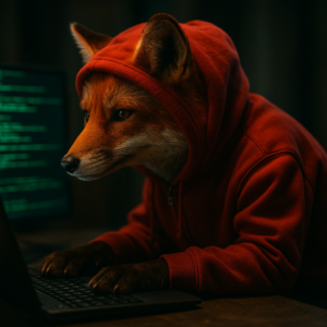 A fox in a red hoodie working on a laptop in a dimly lit room, symbolizing stealthy APT tactics and long-term cyber infiltration.