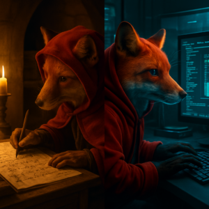 A fox in a red hood writes by candlelight and types at a computer, symbolizing the evolution of defense from medieval castles to cybersecurity.